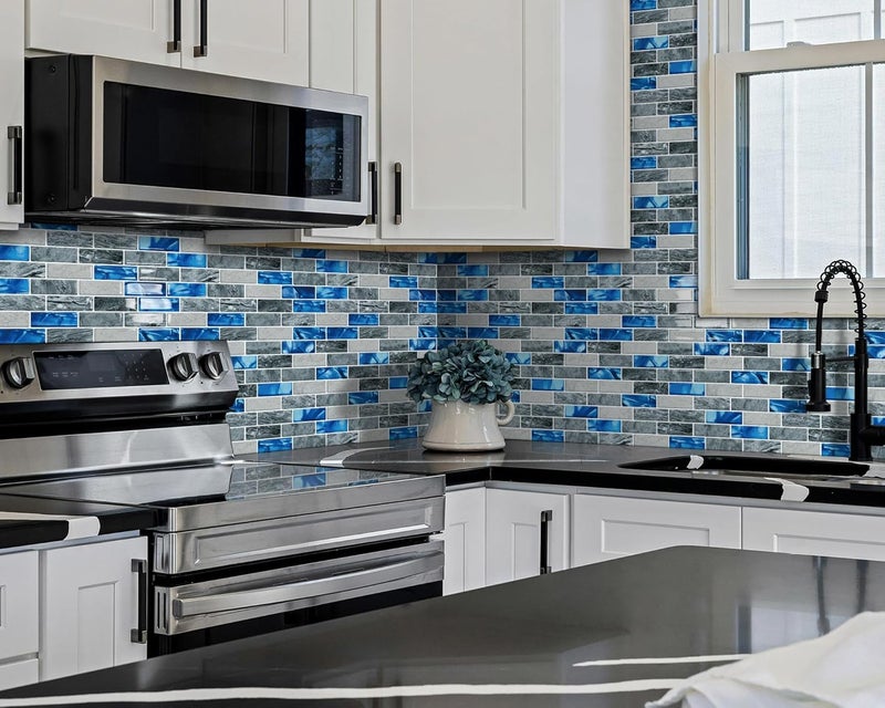 Tiwoos Thick Kitchen Backsplash Tile Peel and Stick 12"x12" Self Adhesive Sticky Tiles for Walls(10-Sheet,Blue) - Image 2